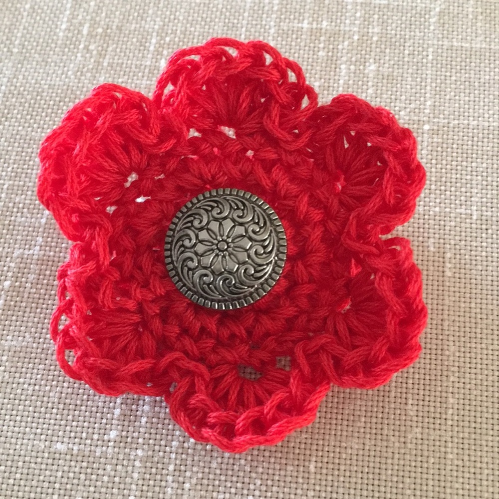 Hand Crafted Flower Lapel Pin Red Cotton Crochet Vintage Button